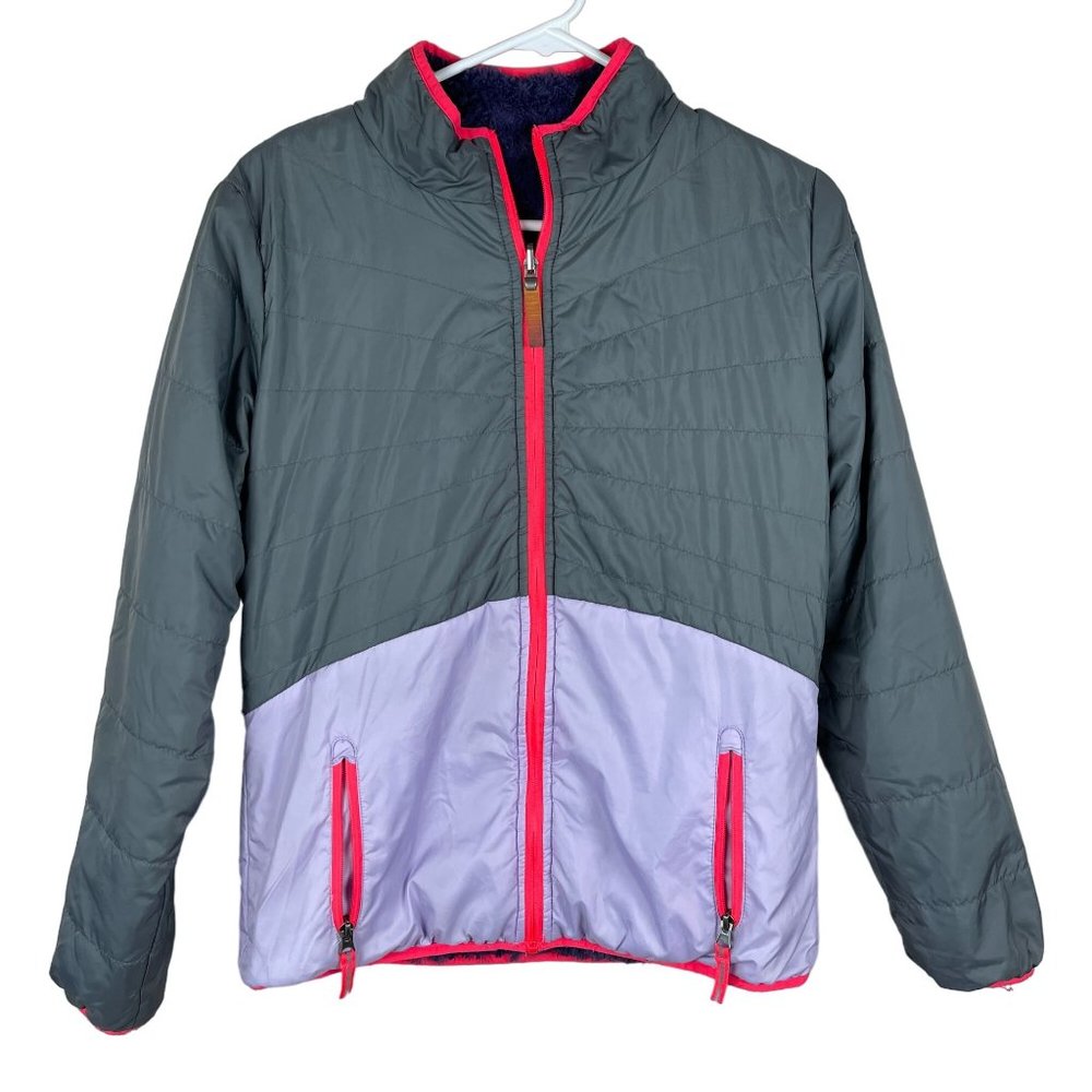 Champion Girls XL 14-16 Reversible‎ Jacket Gray Purple Faux Fur Hooded Coat